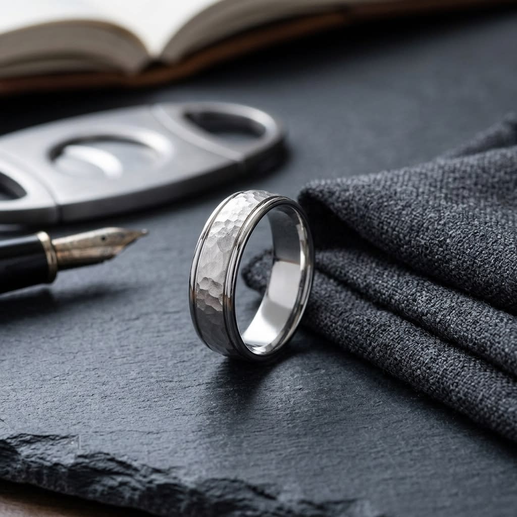 6mm Hammered Finish Carved Wedding Band in 18K White Gold, on walnut surface with pocket square