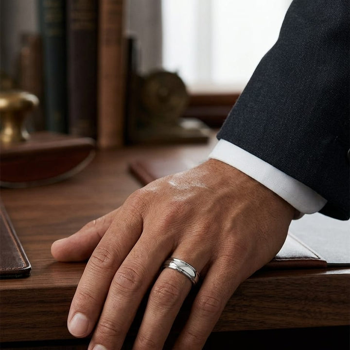 6mm High Polish Round Edge Carved Wedding Band in 18K White Gold, worn on hand, masculine full view