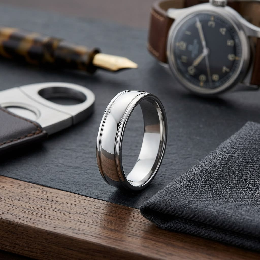 6mm High Polish Round Edge Carved Wedding Band in 18K White Gold, on walnut surface with pocket square