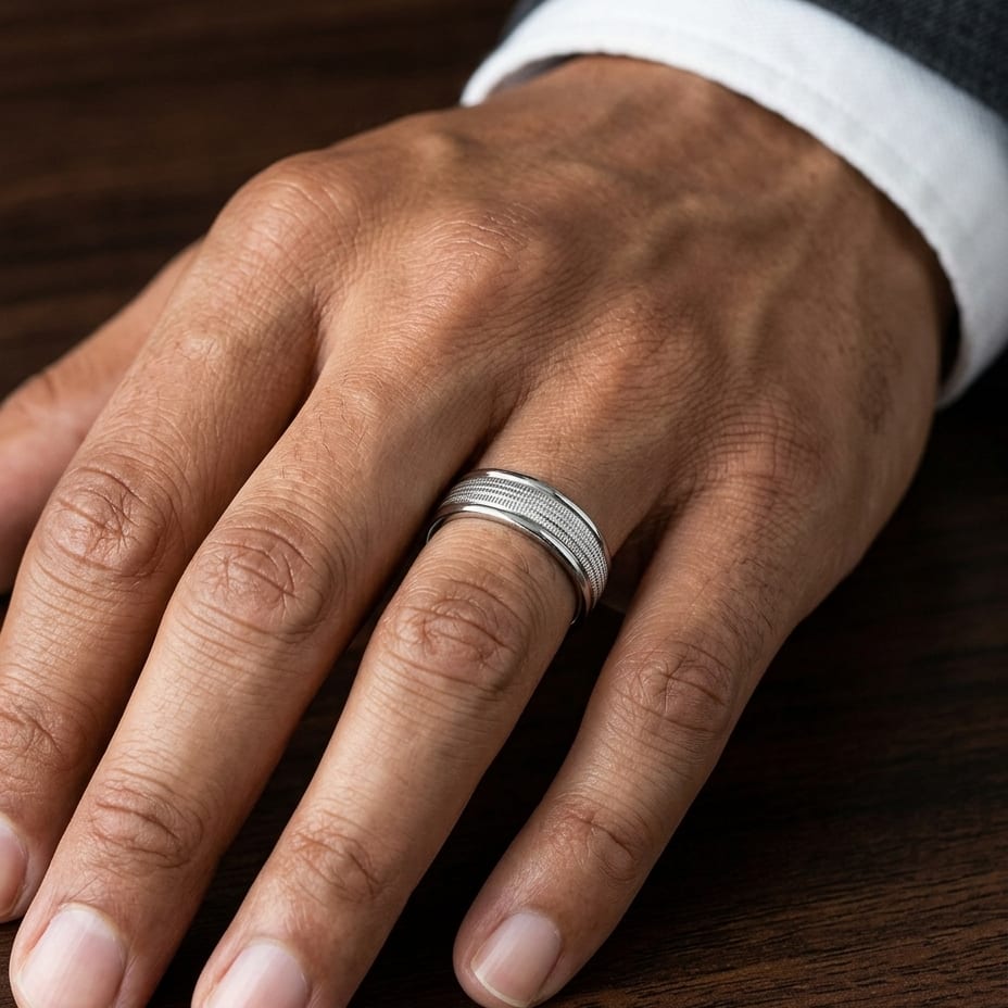 6mm High Polish Milgrain Round Edge Carved Wedding Band in 18K White Gold, worn on hand, masculine close-up