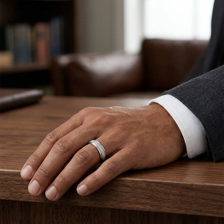 6mm High Polish Milgrain Round Edge Carved Wedding Band in 18K White Gold, worn on hand, masculine full view