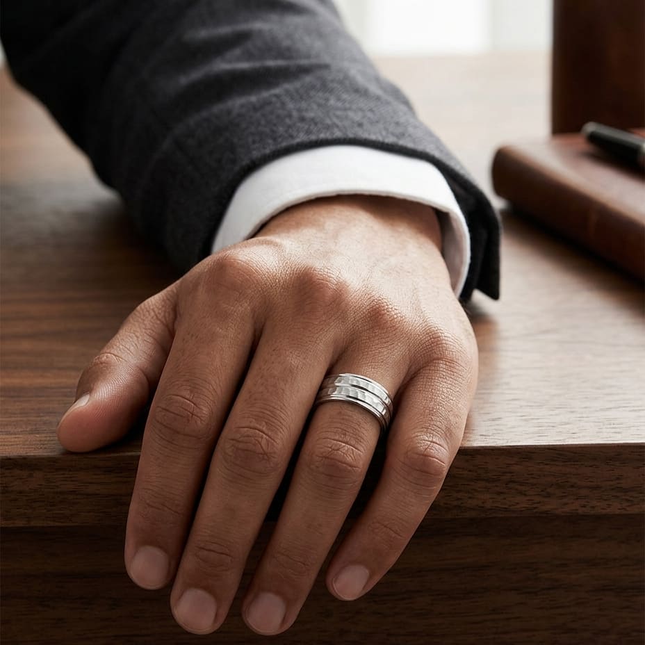 7.5mm High Polish Round Edge Carved Wedding Band in 18K White Gold, worn on hand, masculine full view