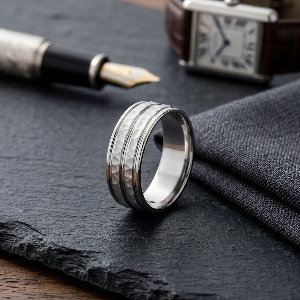 7.5mm High Polish Round Edge Carved Wedding Band in 18K White Gold, on walnut surface with pocket square