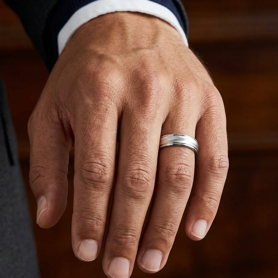 6mm High Polish Round Edge Carved Wedding Band in 18K White Gold, worn on hand, masculine close-up