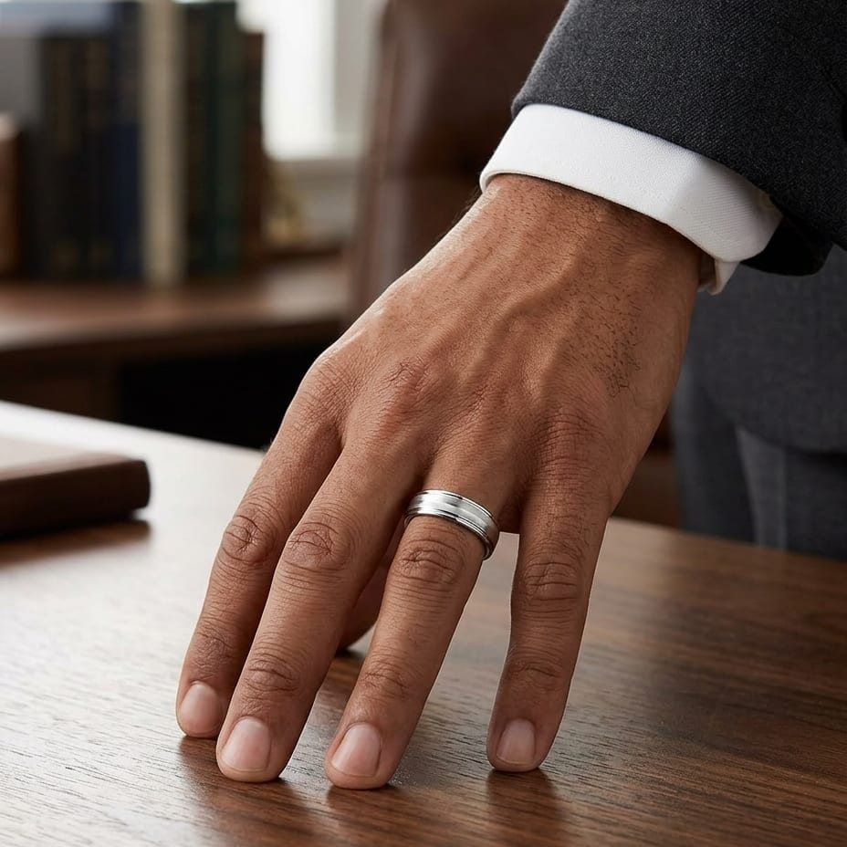 6mm High Polish Round Edge Carved Wedding Band in 18K White Gold, worn on hand, masculine full view