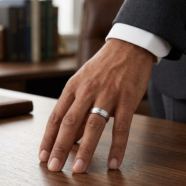 6mm High Polish Round Edge Carved Wedding Band in 18K White Gold, worn on hand, masculine full view