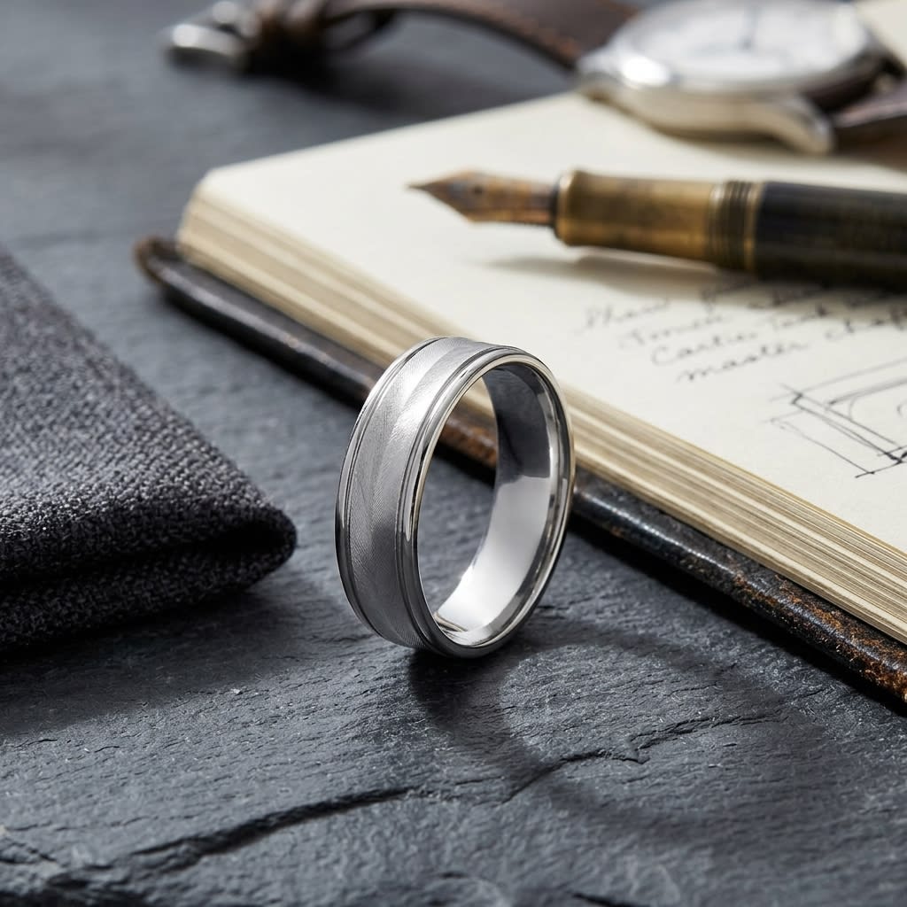 6mm High Polish Round Edge Carved Wedding Band in 18K White Gold, on walnut surface with pocket square