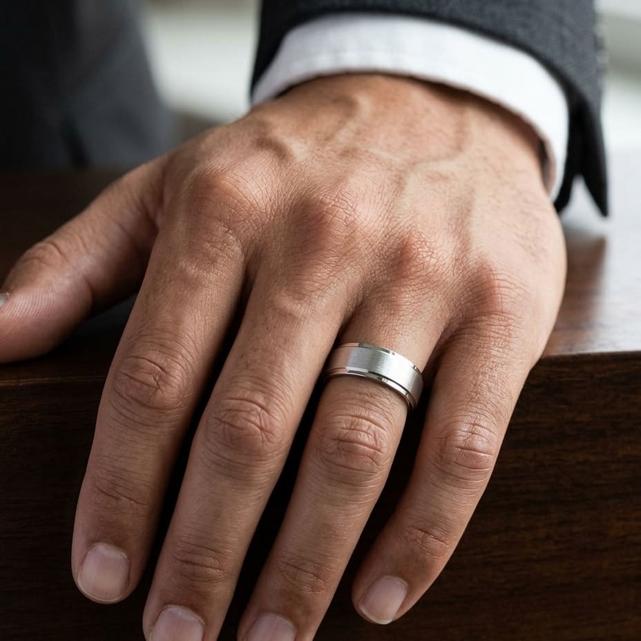 8mm Satin Finish High Polished Beveled Edge Carved Wedding Band in 18K White Gold, worn on hand, masculine close-up