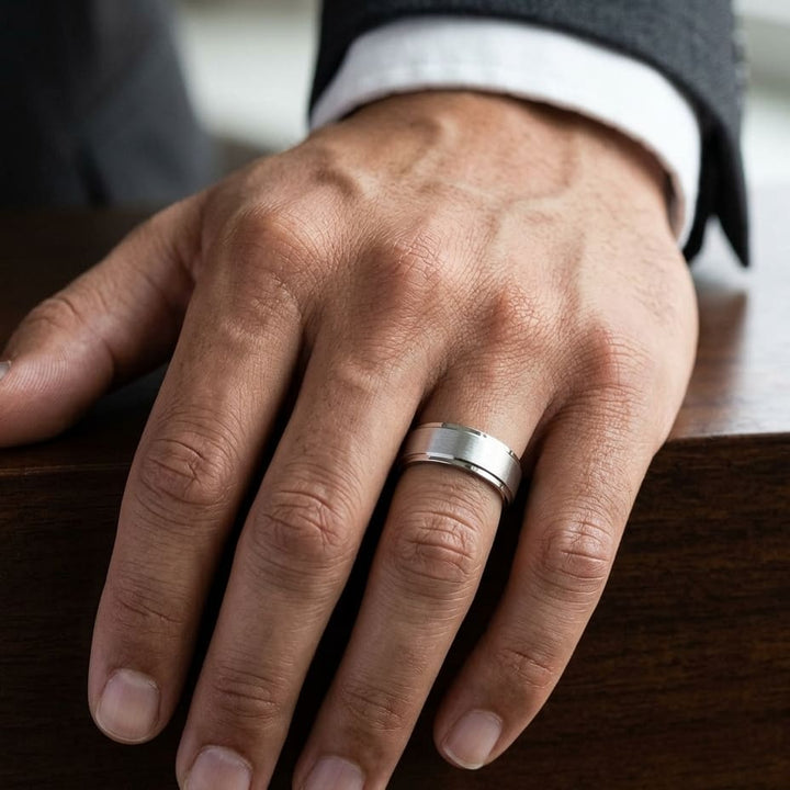 8mm Satin Finish High Polished Beveled Edge Carved Wedding Band in 18K White Gold, worn on hand, masculine close-up