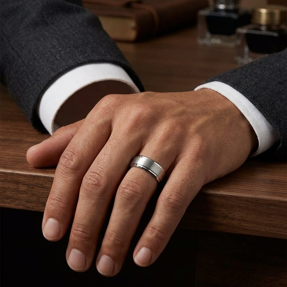 8mm Satin Finish High Polished Beveled Edge Carved Wedding Band in 18K White Gold, worn on hand, masculine full view