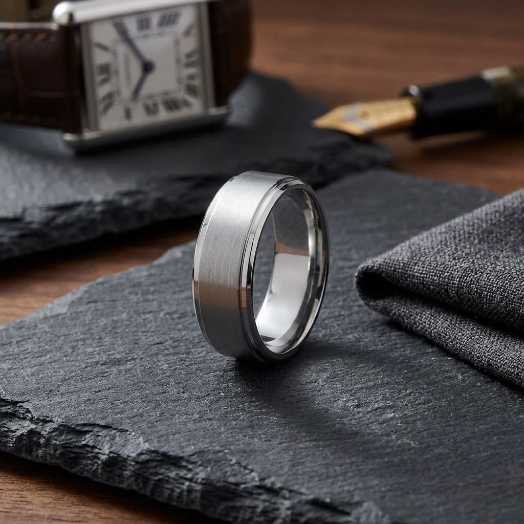 8mm Satin Finish High Polished Beveled Edge Carved Wedding Band in 18K White Gold, on walnut surface with pocket square