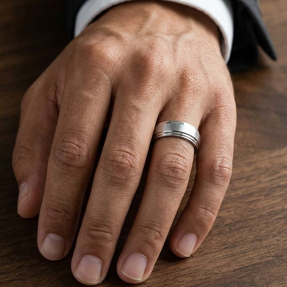8mm Satin Finish Carved Wedding Band in 18K White Gold, worn on hand, masculine close-up
