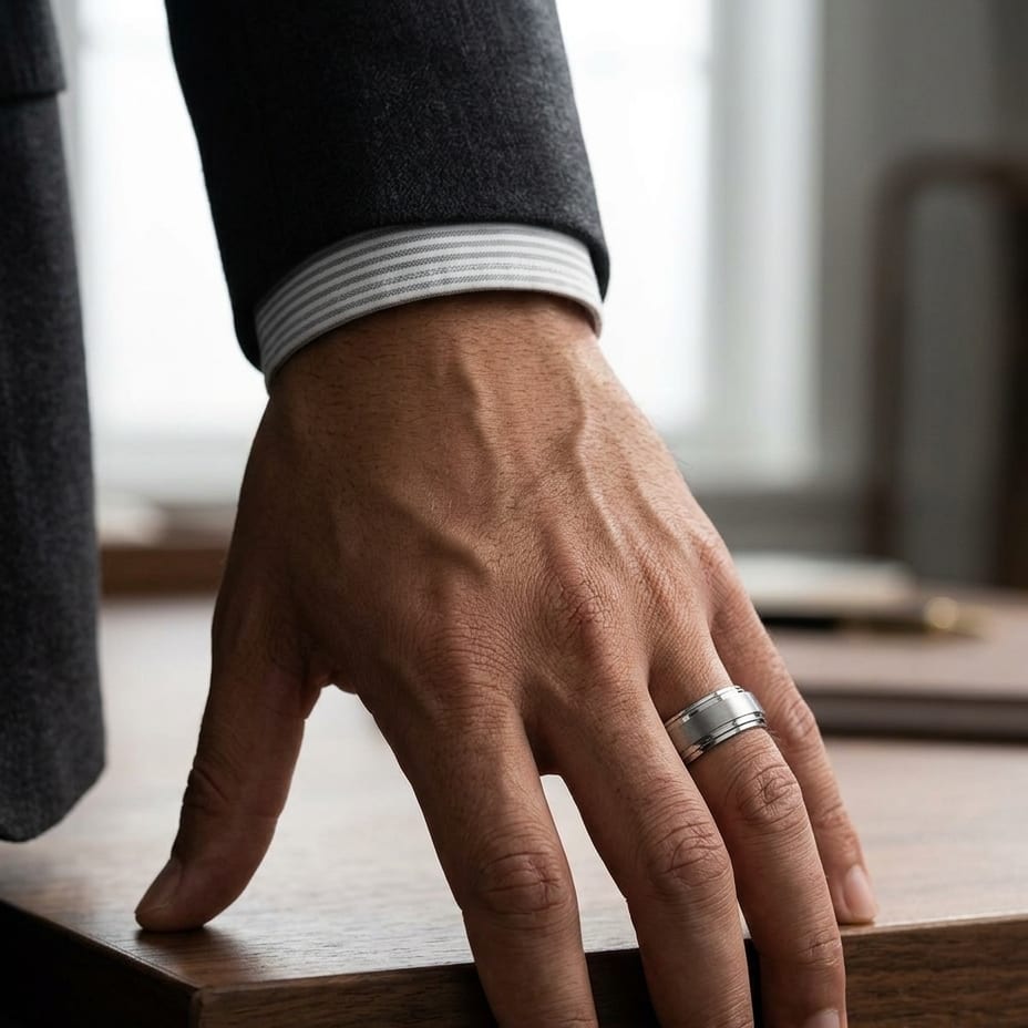 8mm Satin Finish Carved Wedding Band in 18K White Gold, worn on hand, masculine full view