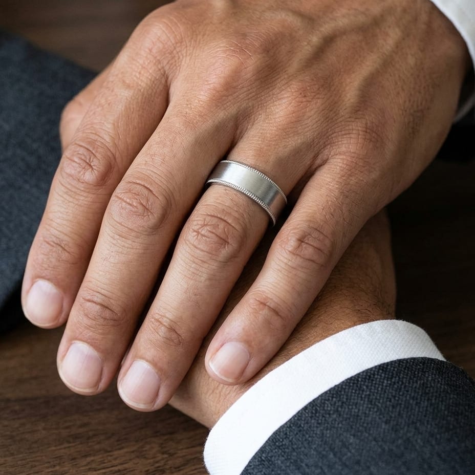 8mm Satin Finish Carved Wedding Band in 18K White Gold, worn on hand, masculine close-up