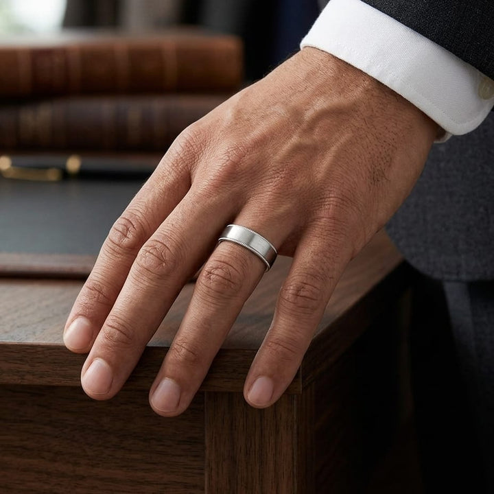 8mm Satin Finish Carved Wedding Band in 18K White Gold, worn on hand, masculine full view