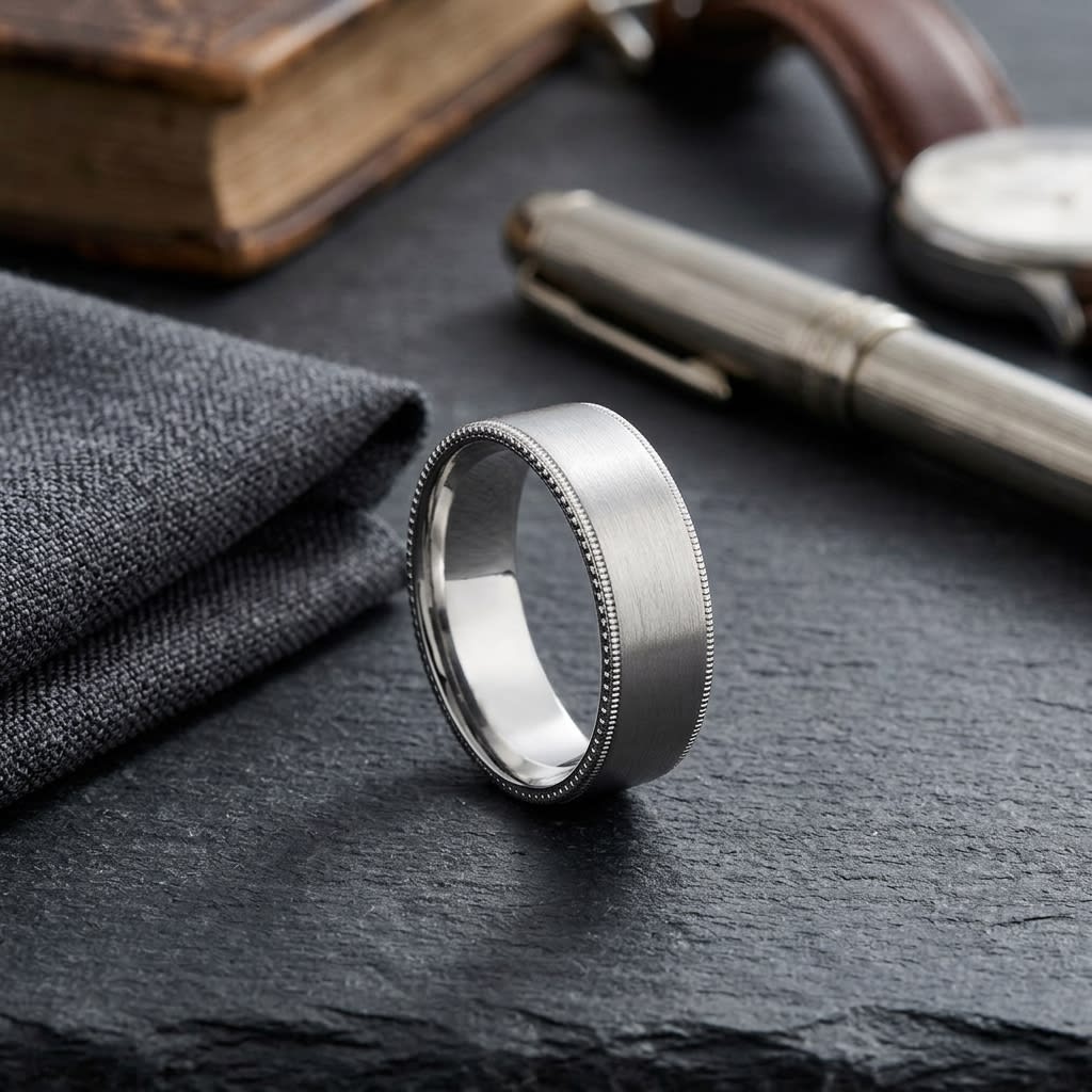 8mm Satin Finish Carved Wedding Band in 18K White Gold, on walnut surface with pocket square