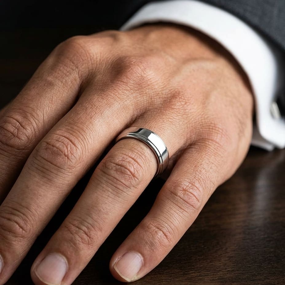 6.5mm Drop Edge High Polish Carved Wedding Band in 18K White Gold, worn on hand, masculine close-up