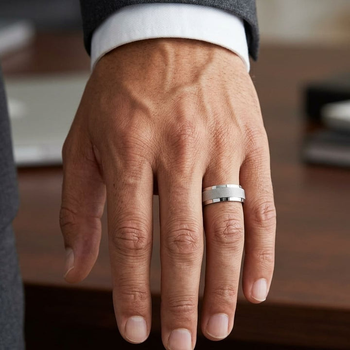 7mm High Polish Cross Hatch Center Carved Wedding Band in 18K White Gold, worn on hand, masculine close-up