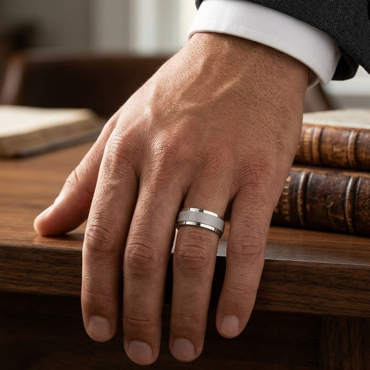 7mm High Polish Cross Hatch Center Carved Wedding Band in 18K White Gold, worn on hand, masculine full view
