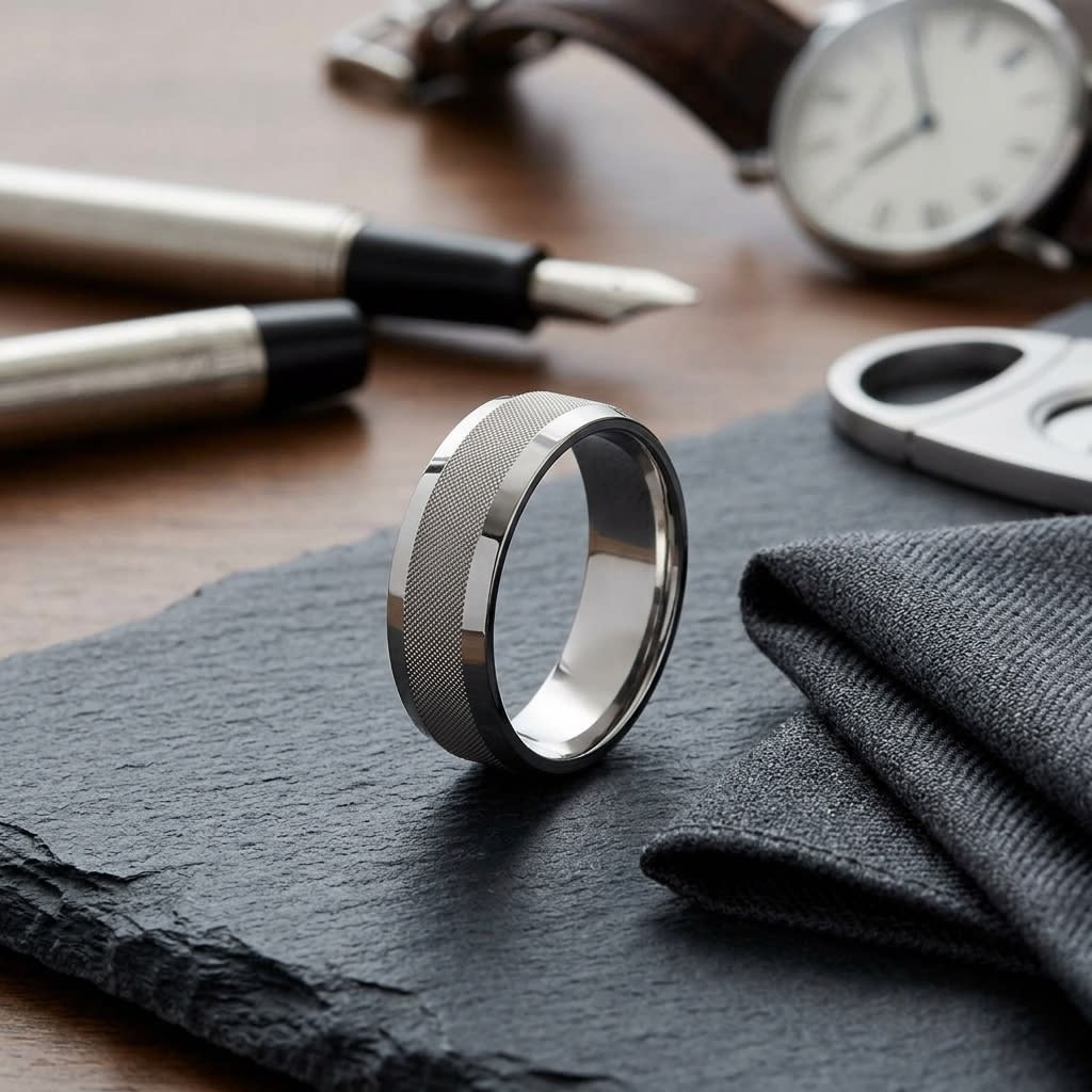 7mm High Polish Cross Hatch Center Carved Wedding Band in 18K White Gold, on walnut surface with pocket square