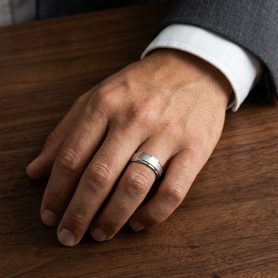 7mm Round Edge Swirl Finish Carved Wedding Band in 18K White Gold, worn on hand, masculine full view