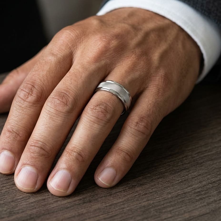 7mm Florentine Center High Polish Round Edge Carved Wedding Band in 18K White Gold, worn on hand, masculine close-up