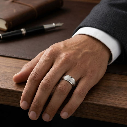 7mm Florentine Center High Polish Round Edge Carved Wedding Band in 18K White Gold, worn on hand, masculine full view