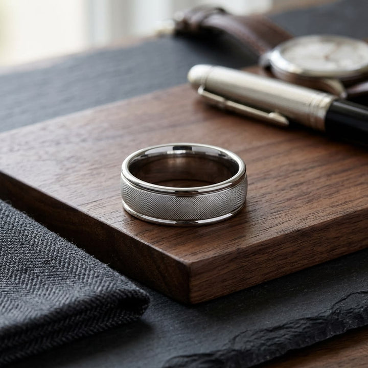 7mm Florentine Center High Polish Round Edge Carved Wedding Band in 18K White Gold, on walnut surface with pocket square