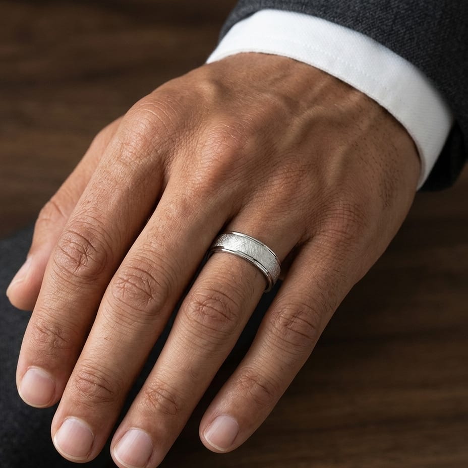 6.5mm Round Edge Swirl Finish Carved Wedding Band in 18K White Gold, worn on hand, masculine close-up