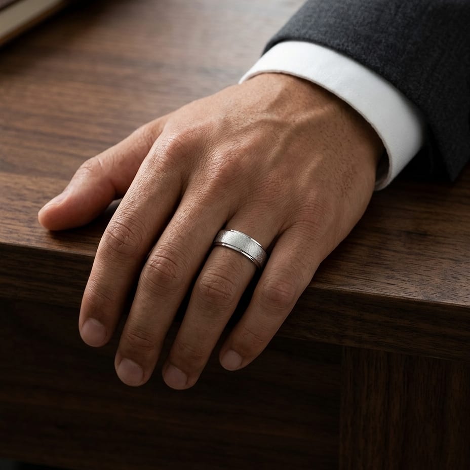 6.5mm Round Edge Swirl Finish Carved Wedding Band in 18K White Gold, worn on hand, masculine full view