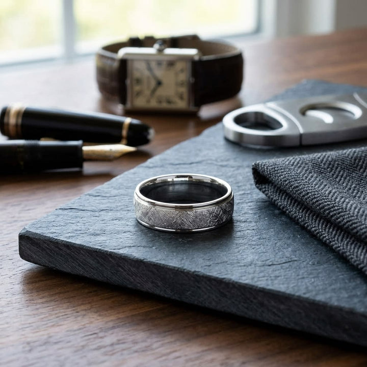 6.5mm Round Edge Swirl Finish Carved Wedding Band in 18K White Gold, on walnut surface with pocket square