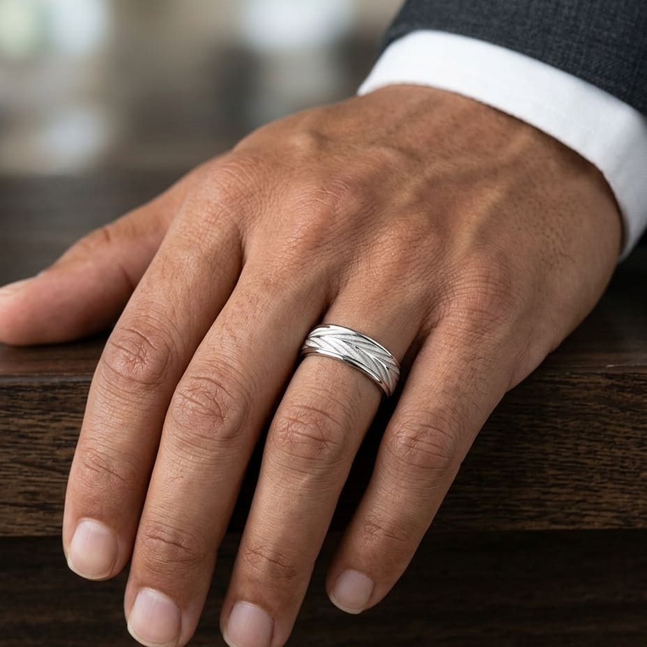 7mm Comfort-Fit Wedding Band in 18K White Gold, worn on hand, masculine close-up