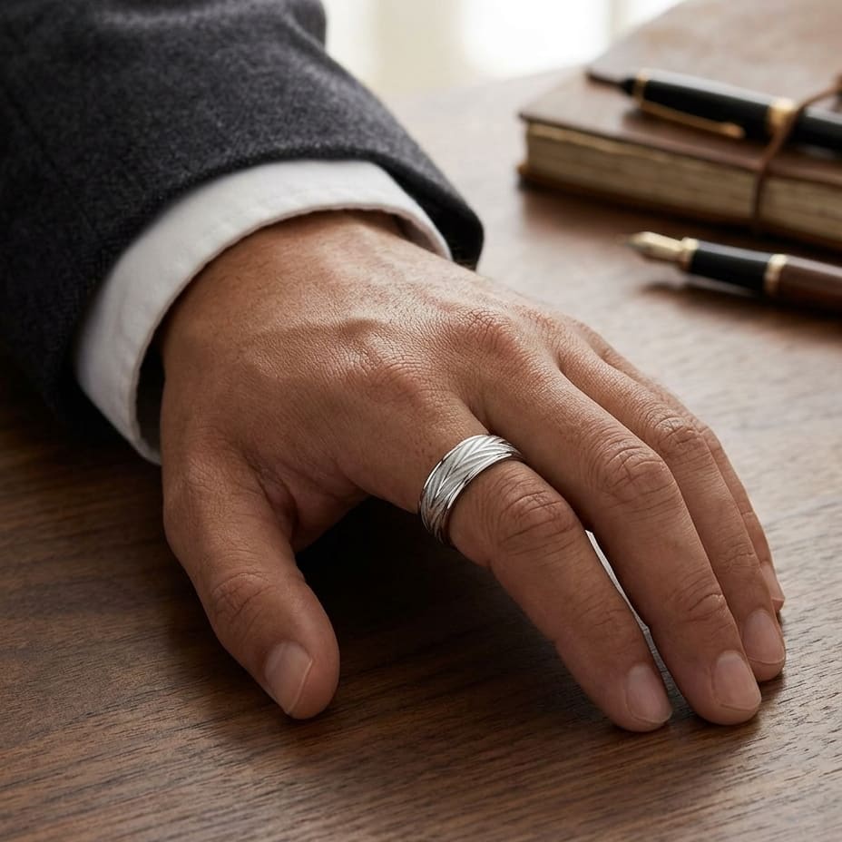 7mm Comfort-Fit Wedding Band in 18K White Gold, worn on hand, masculine full view