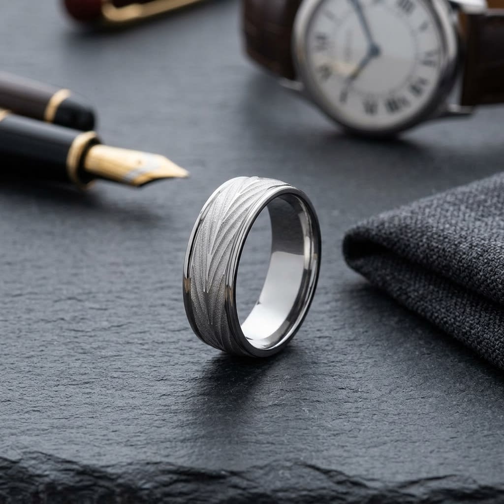 7mm Comfort-Fit Wedding Band in 18K White Gold, on walnut surface with pocket square