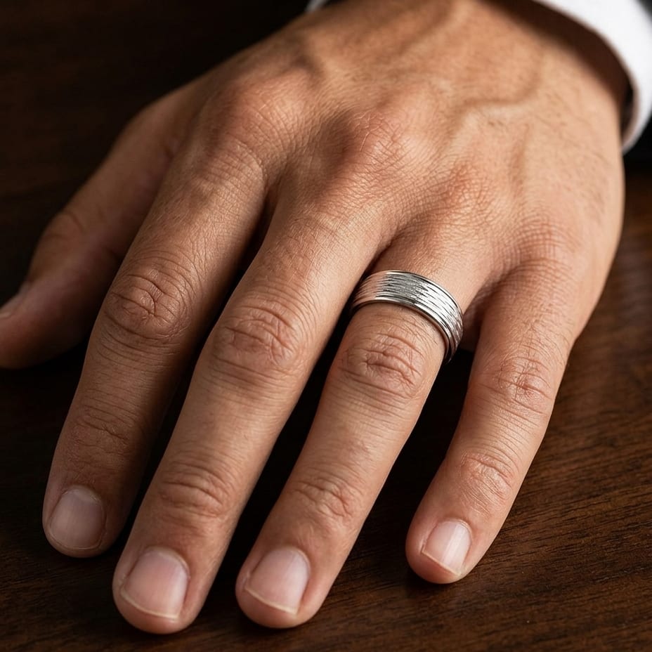 7.5mm Comfort-Fit Wedding Band in 18K White Gold, worn on hand, masculine close-up