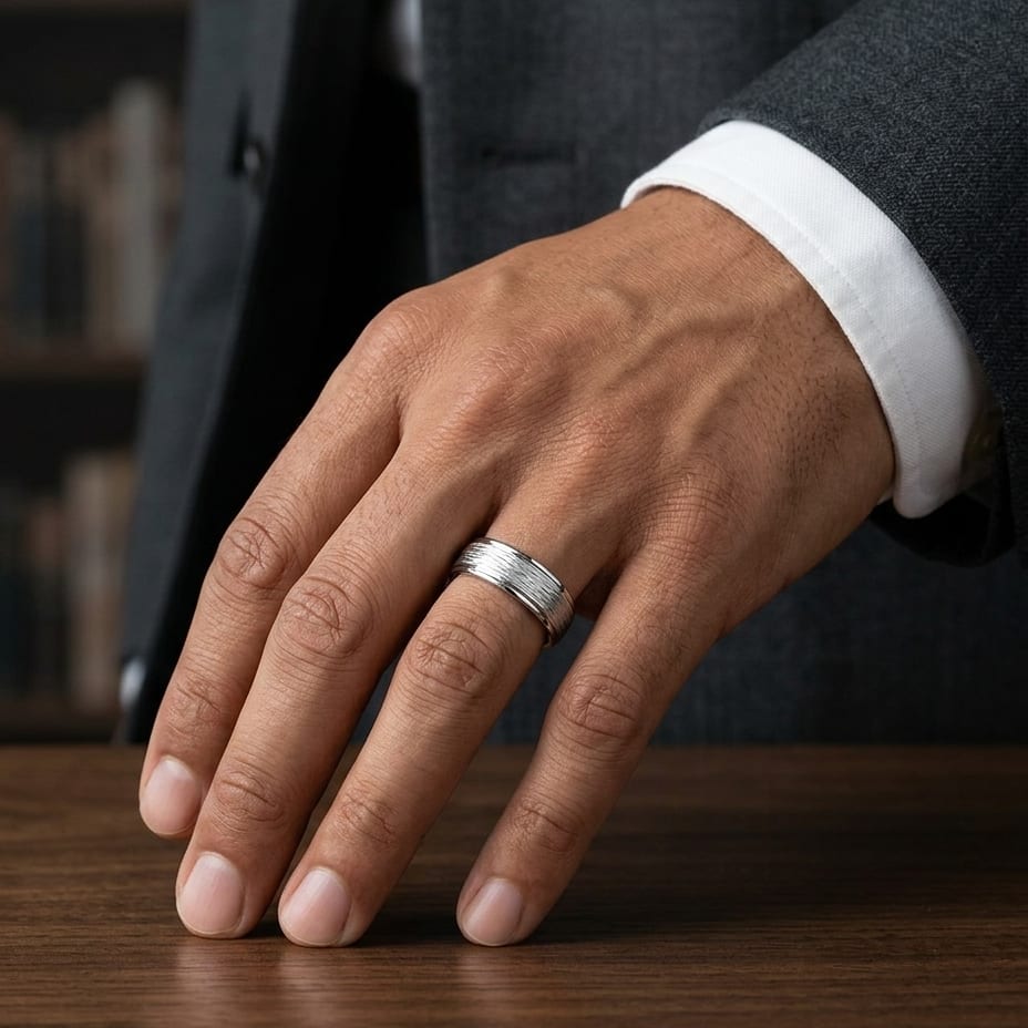 7.5mm Comfort-Fit Wedding Band in 18K White Gold, worn on hand, masculine full view