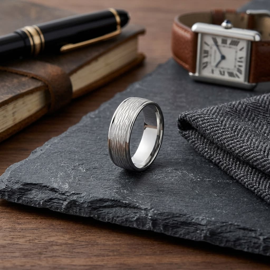 7.5mm Comfort-Fit Wedding Band in 18K White Gold, on walnut surface with pocket square