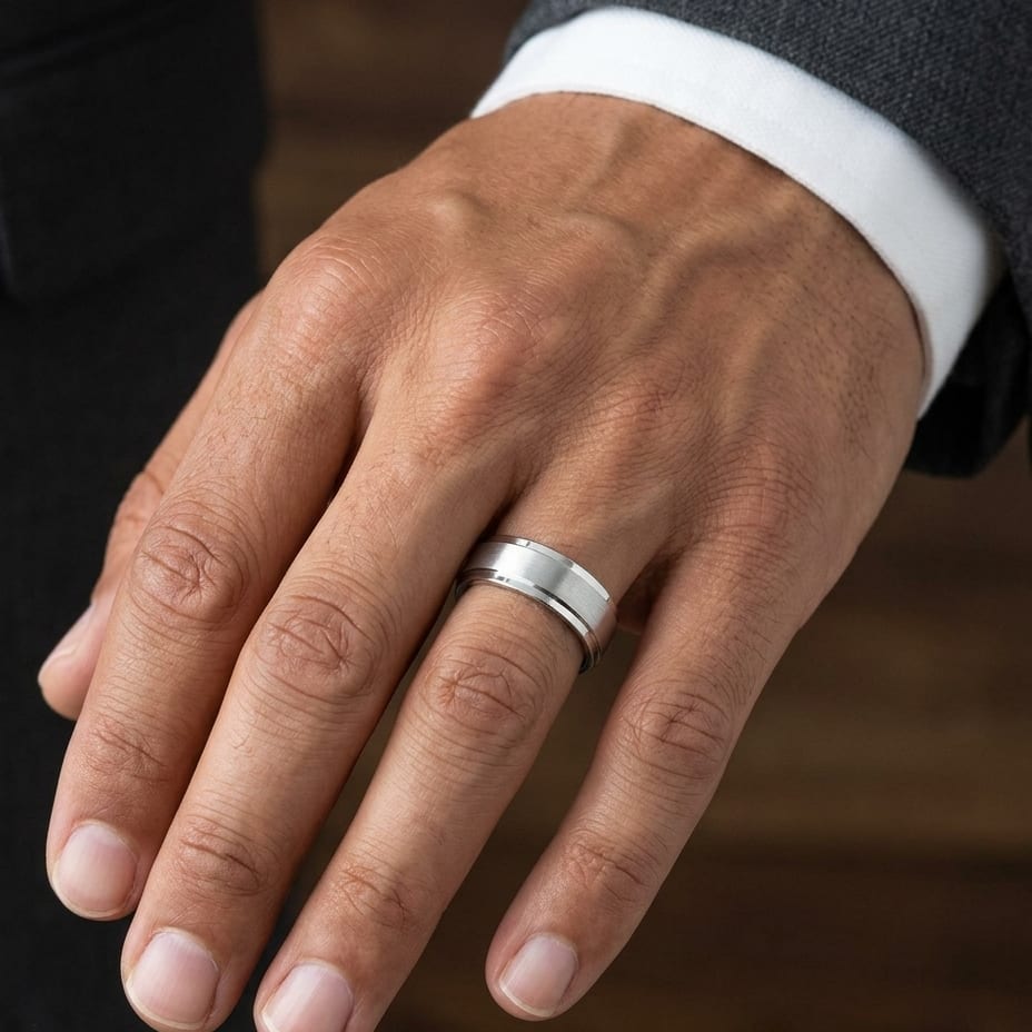 7mm Satin Finish Carved Wedding Band in 18K White Gold, worn on hand, masculine close-up