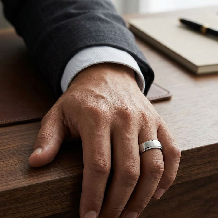 7mm Satin Finish Carved Wedding Band in 18K White Gold, worn on hand, masculine full view