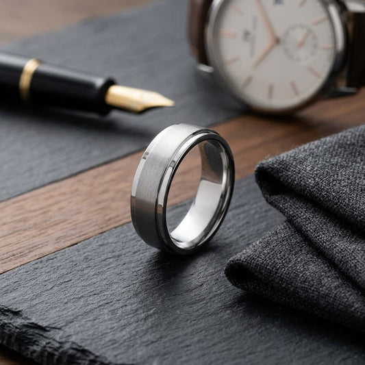 7mm Satin Finish Carved Wedding Band in 18K White Gold, on walnut surface with pocket square