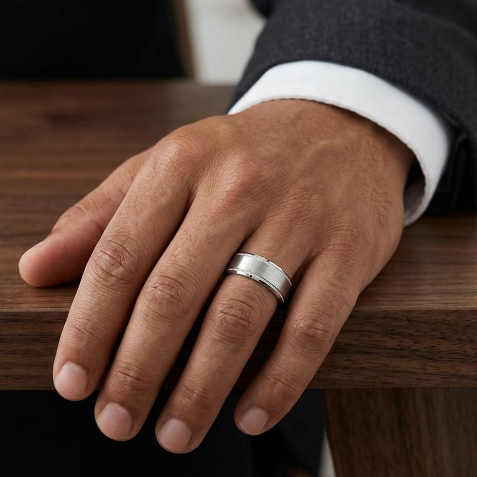 8mm Satin Finish Carved Wedding Band in 18K White Gold, worn on hand, masculine full view