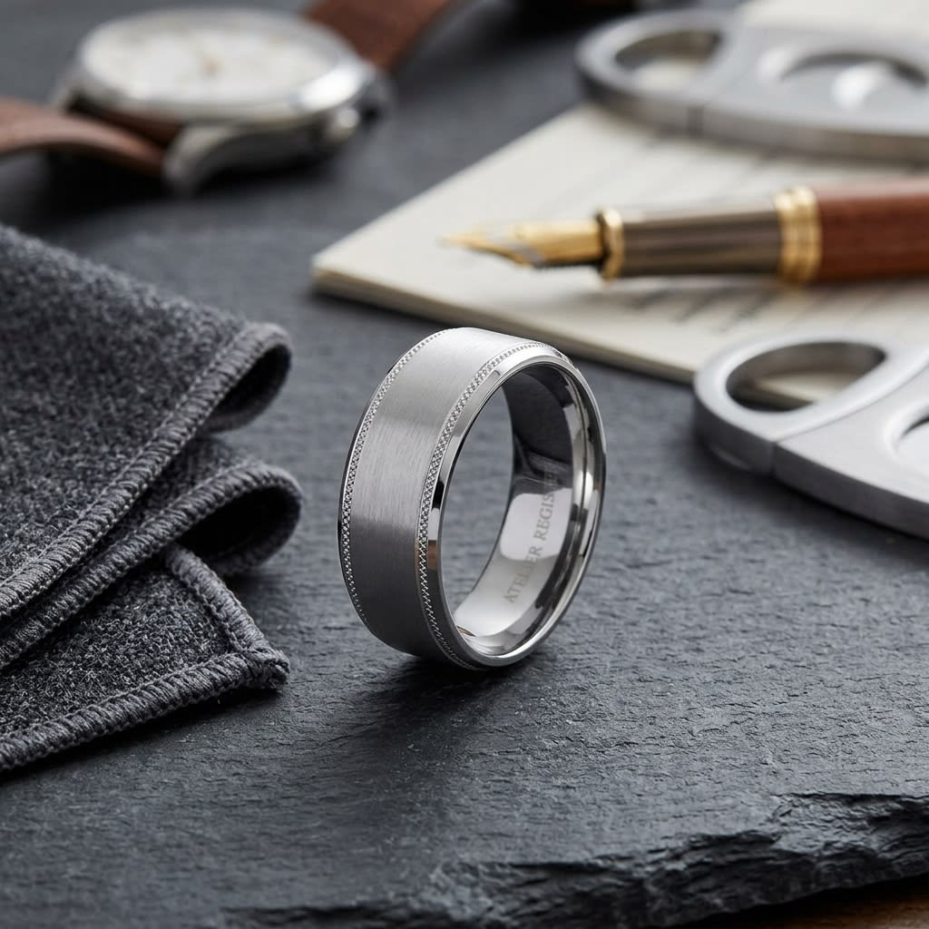 8mm Satin Finish Carved Wedding Band in 18K White Gold, on walnut surface with pocket square