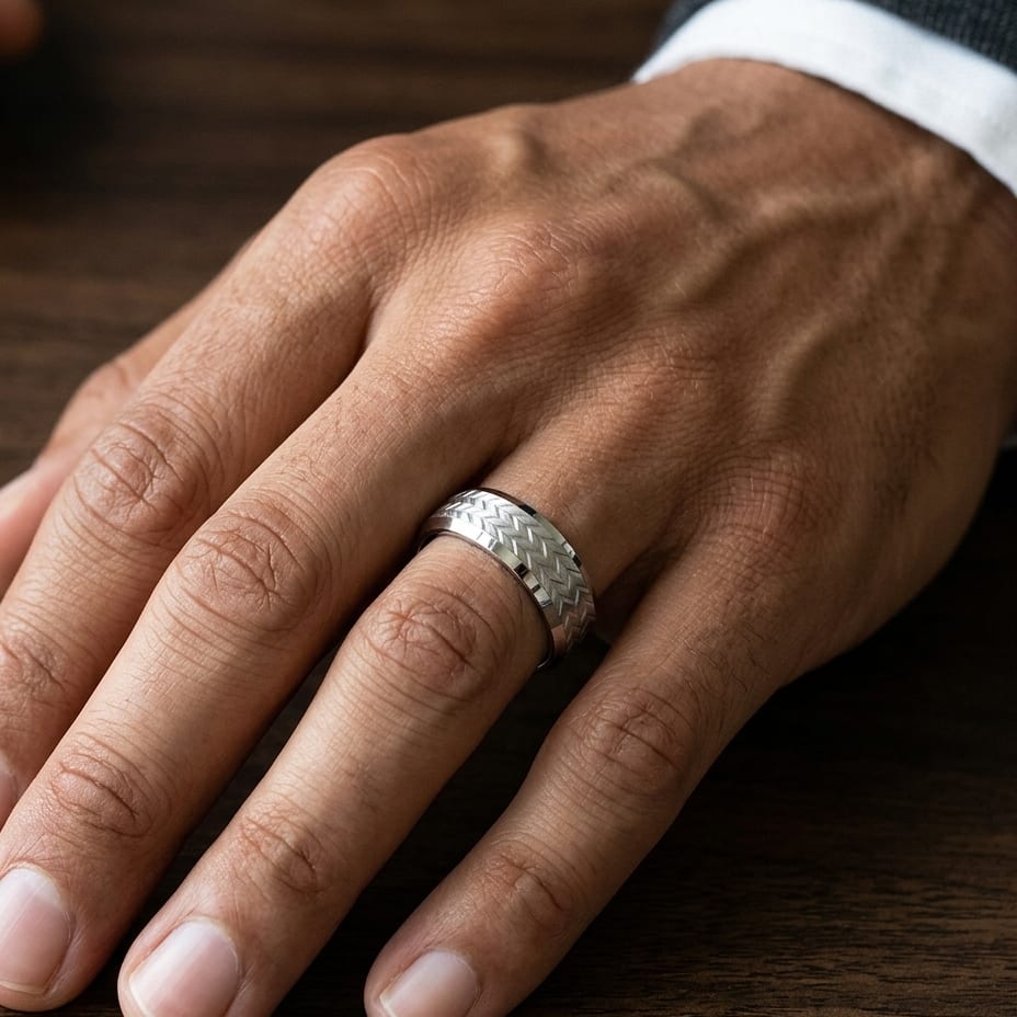 8mm Beveled Edge Treaded Carved Wedding Band in 18K White Gold, worn on hand, masculine close-up