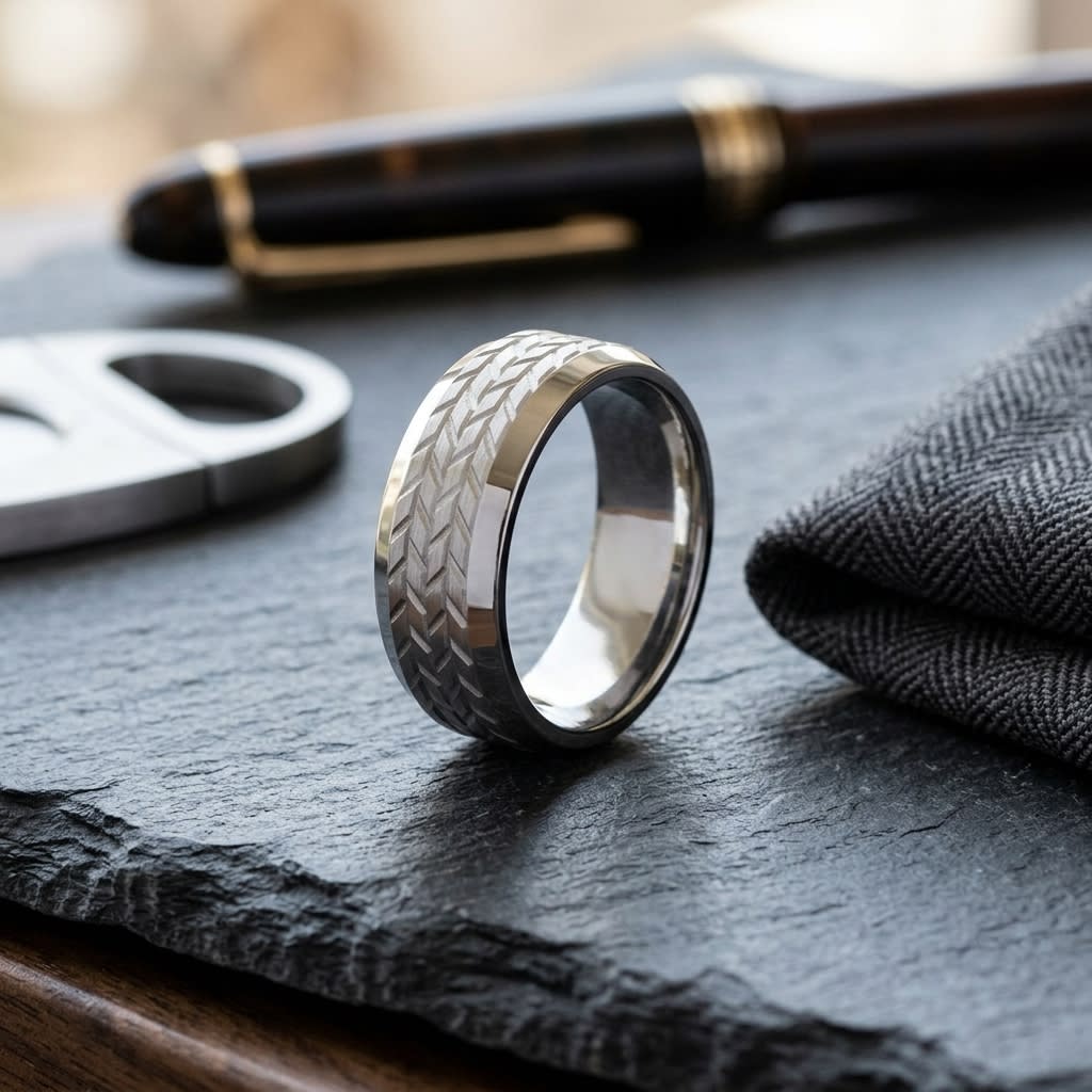 8mm Beveled Edge Treaded Carved Wedding Band in 18K White Gold, on walnut surface with pocket square