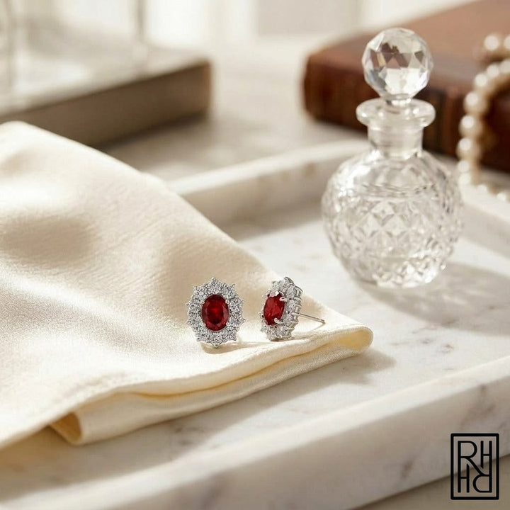 Oval Pink Tourmaline Halo Earrings in 18K White Gold, 2.00ct, on marble vanity tray with silk