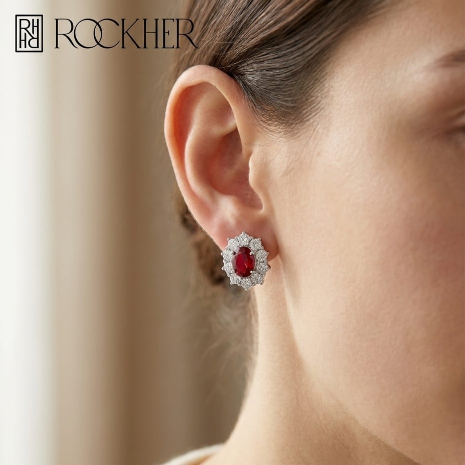Oval Pink Tourmaline Halo Earrings in 18K White Gold, 2.00ct, worn close-up portrait