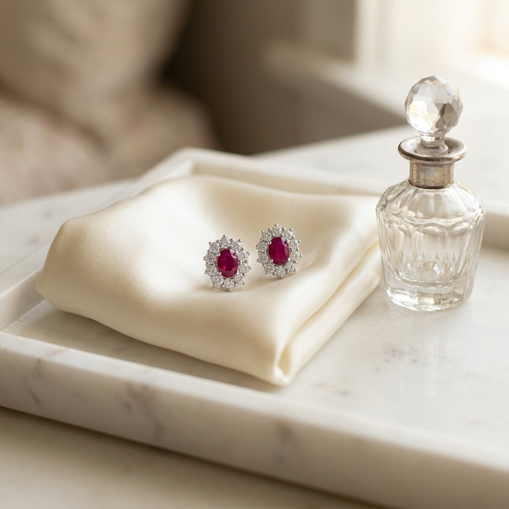Ruby Oval Prong Halo Earrings 2ctw in 18K White Gold - lifestyle