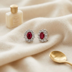 ต่างหูทับทิม ทรงรี ล้อมเพชร ตัวเรือนทองคำขาว 18K จาก RockHer