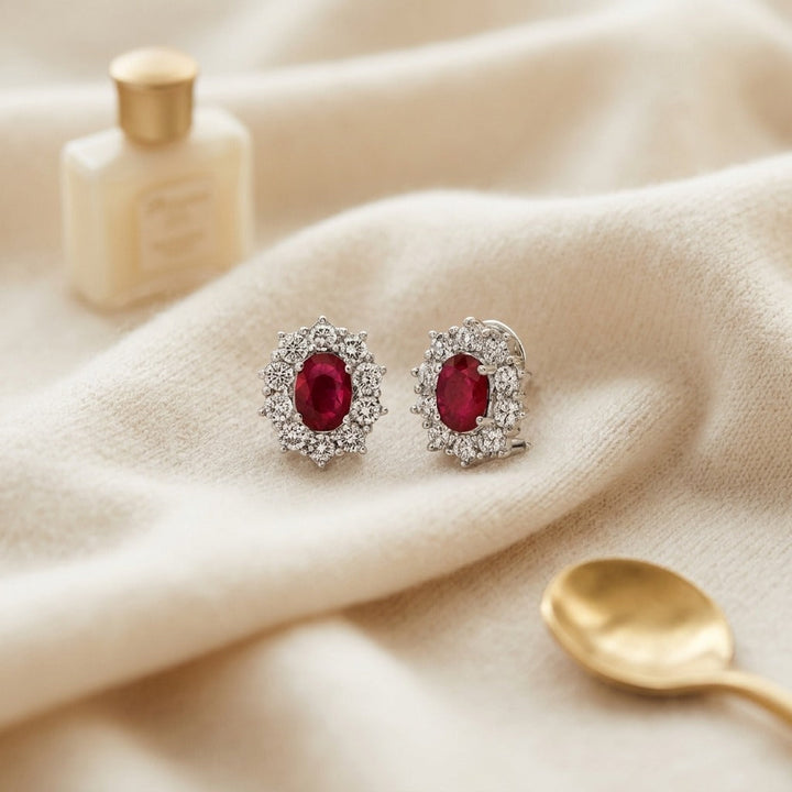 Ruby Oval Prong Halo Earrings 2ctw in 18K White Gold - flat lay