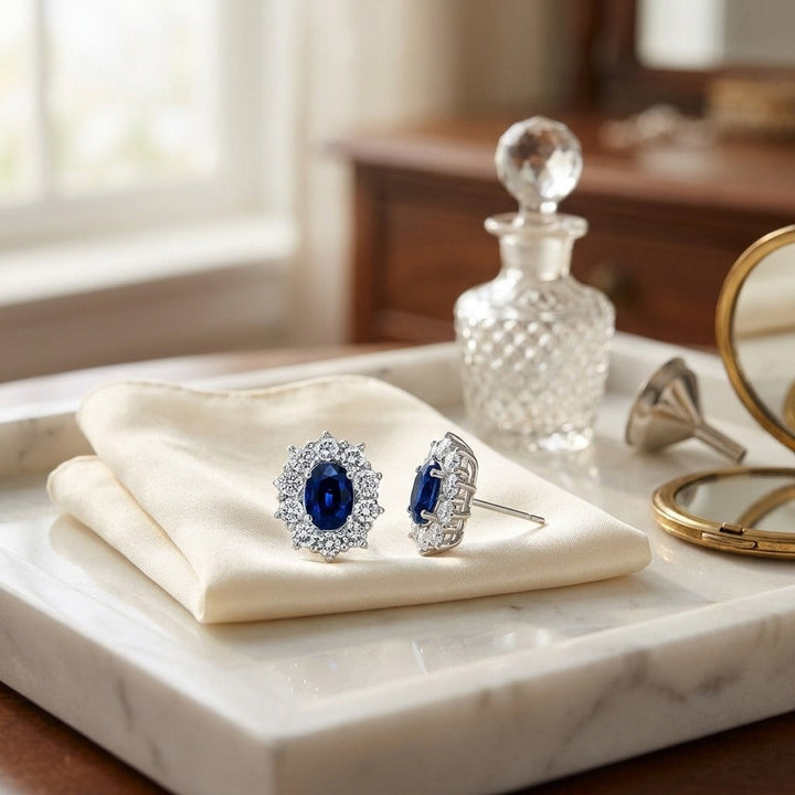 Sapphire & Diamond Princess Di Earrings in 18K White Gold - lifestyle